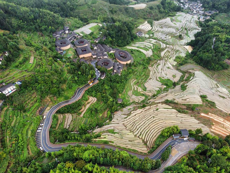 一塊塊水田錯(cuò)落分布，宛若大地指紋，與世遺土樓一同勾勒出一幅美麗的鄉(xiāng)土田園畫卷。南靖縣融媒體中心供圖