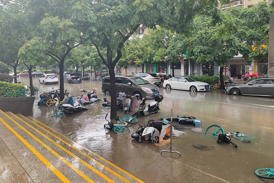 今早八時(shí)左右，沿路隨處可見非電動車倒伏。吳進(jìn)海攝