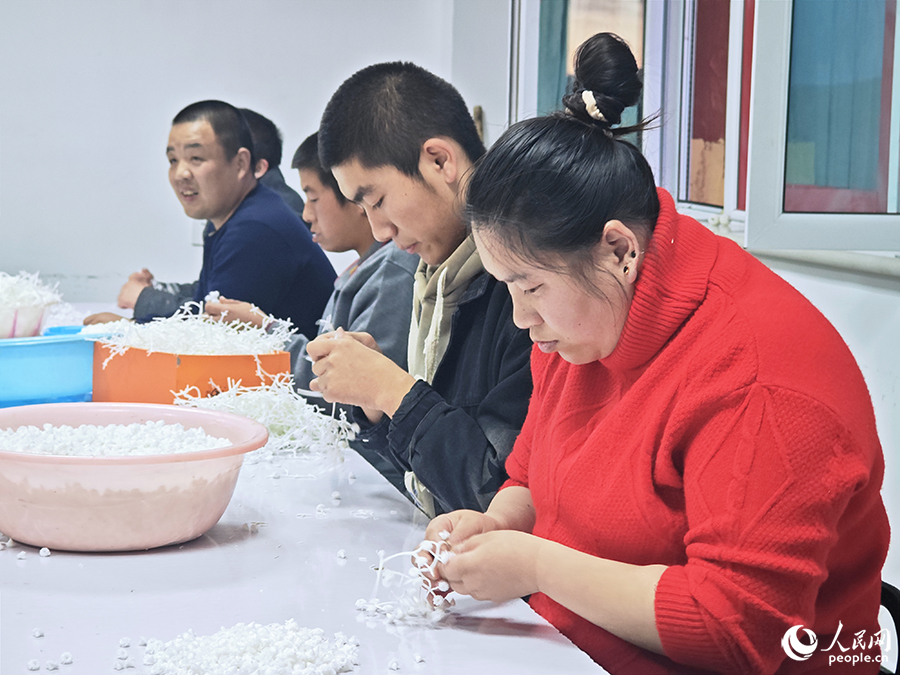 在福建省援寧工作隊指導下，閩隆福馨托創(chuàng)園創(chuàng)建殘疾人電商平臺。截至目前，平臺銷售額達4000萬元，凈利潤460萬元，為2000余名殘疾人分紅236萬元。圖為固原市隆德縣閩隆福馨托創(chuàng)園殘疾人幫扶車間內(nèi)，受助殘疾人正在制作人造花。人民網(wǎng) 黃東儀攝