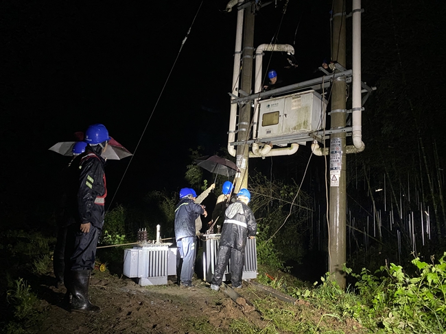 4月4日，國網(wǎng)武平縣供電公司搶修人員冒雨更換被雷擊燒毀的變壓器。鐘啟龍、劉婷攝