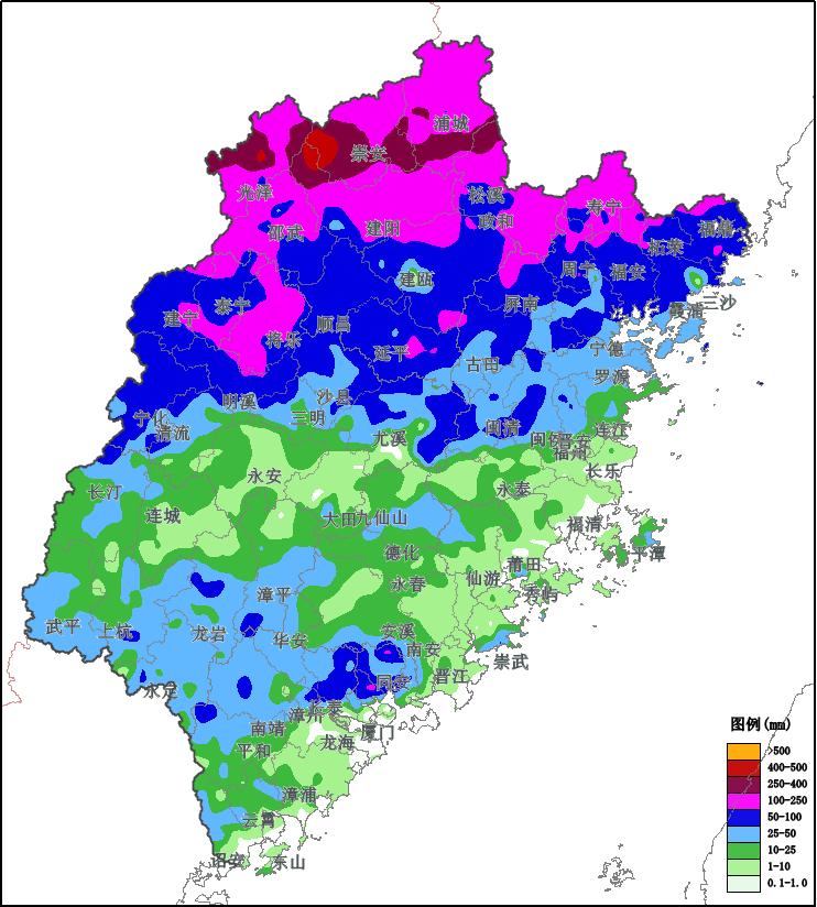 6月9日08時(shí)-12日10時(shí)累計(jì)雨量（毫米）。圖片來源：福建氣象